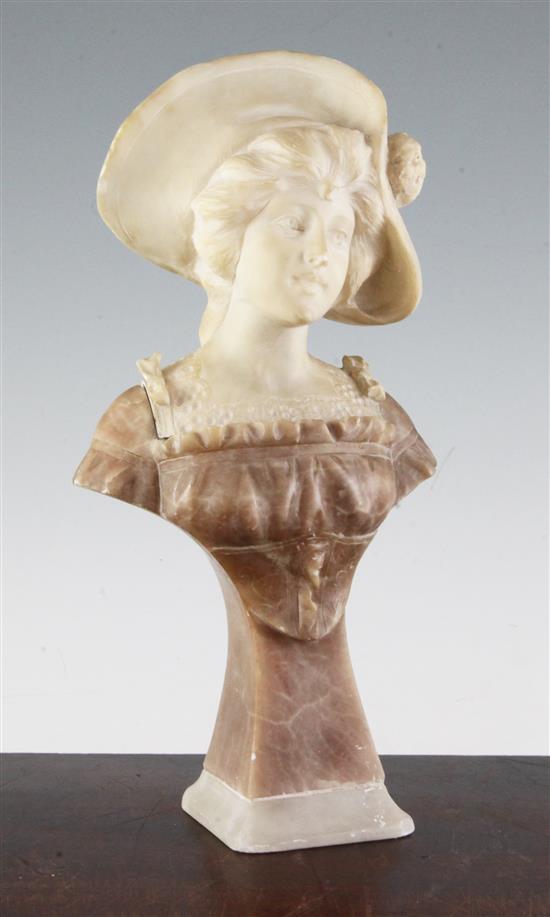 An Art Nouveau carved two colour alabaster bust of a young lady wearing a bonnet, 12in.